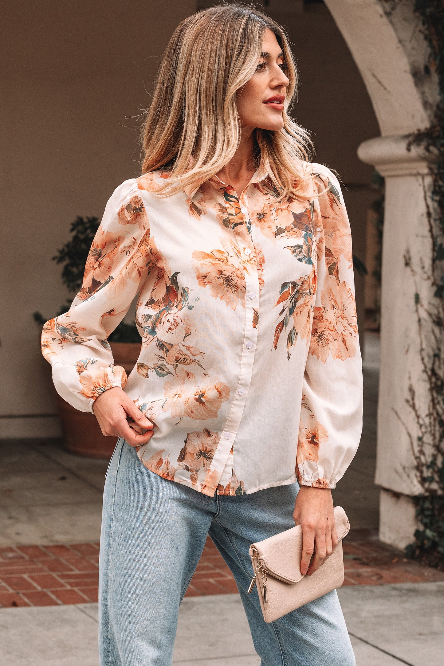 Orange Floral Puff Sleeve Lightweight Shirt