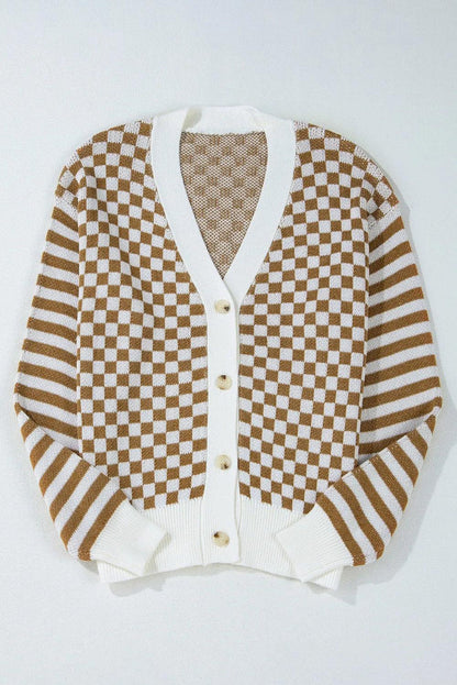 Checkered V-Neck Long Sleeve Cardigan