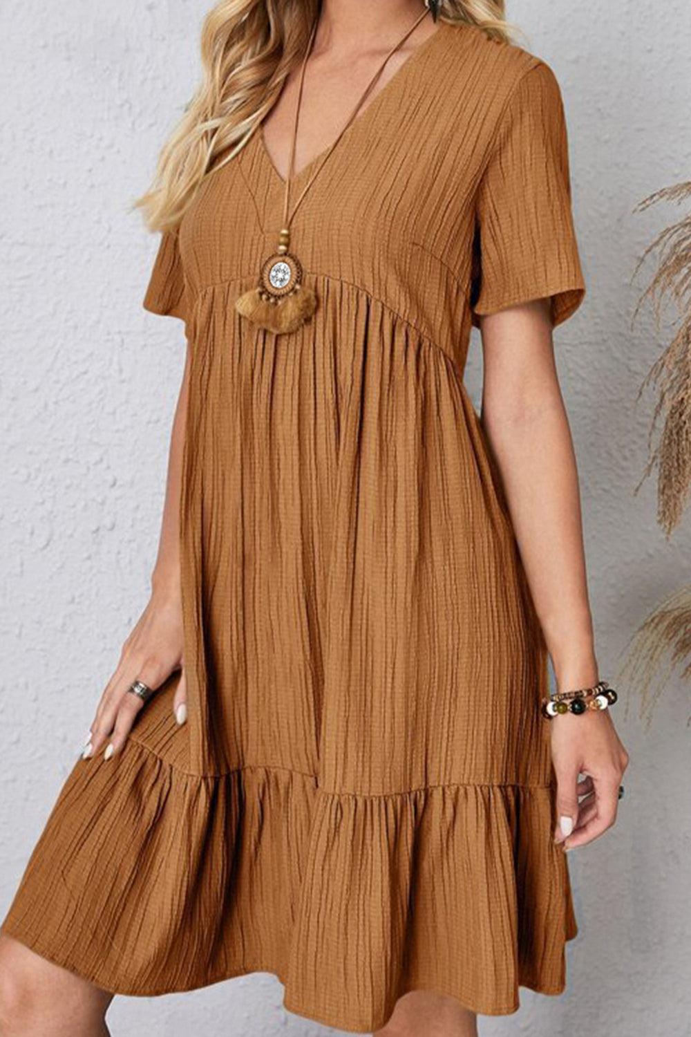 Full Size Ruched V-Neck Short Sleeve Dress