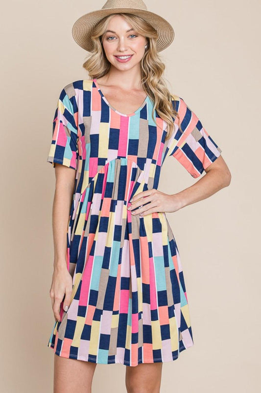 BOMBOM Ruched Color Block Short Sleeve Mini Dress