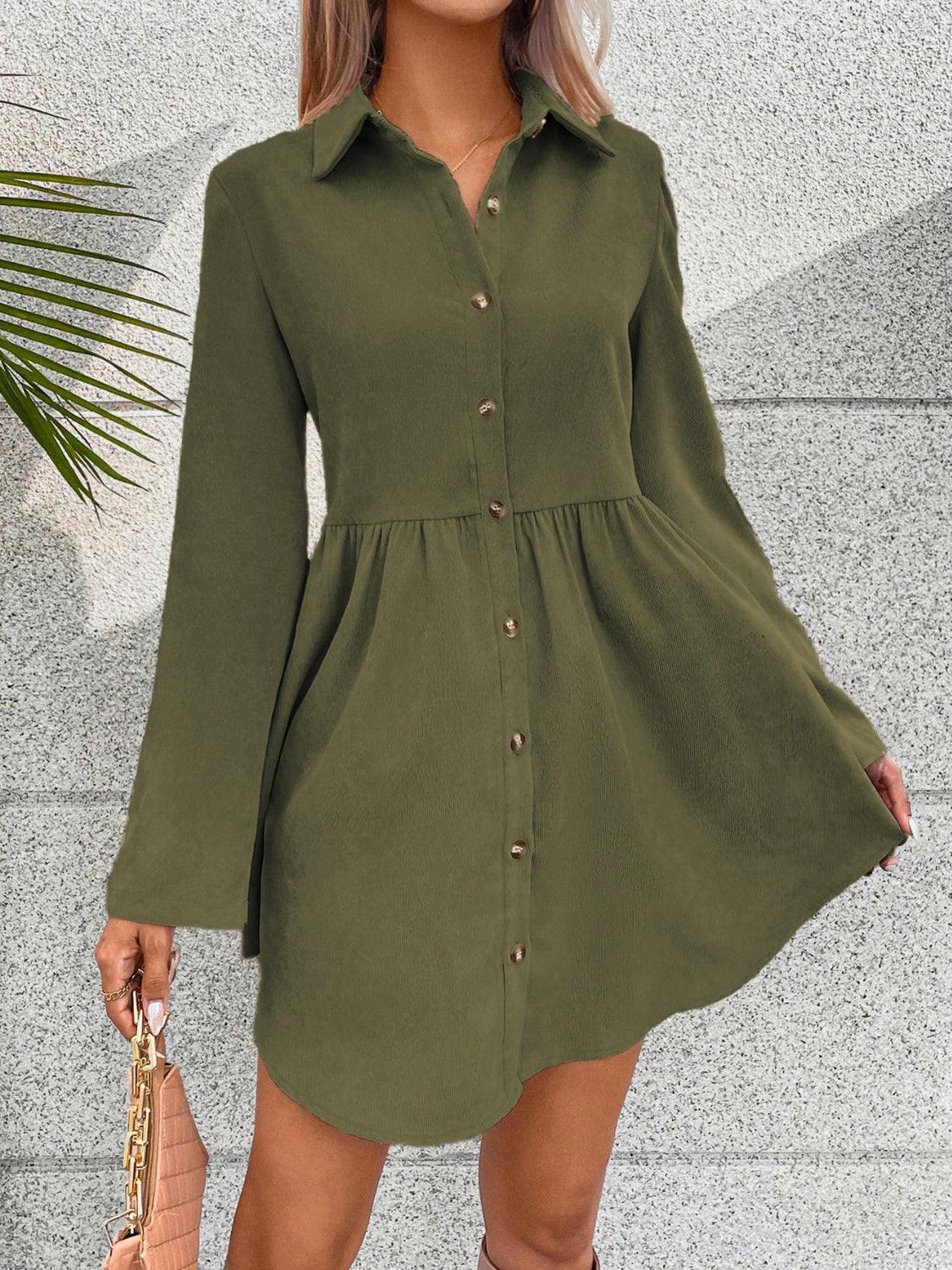 Button Up Collared Neck Long Sleeve Dress