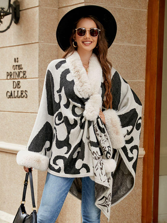 Faux Fur Trim Poncho