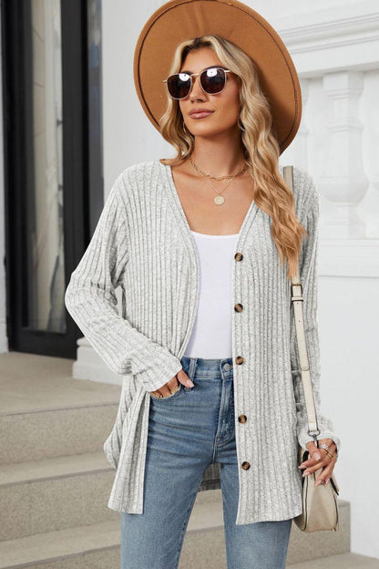 Ribbed Button Up Long Sleeve Cardigan