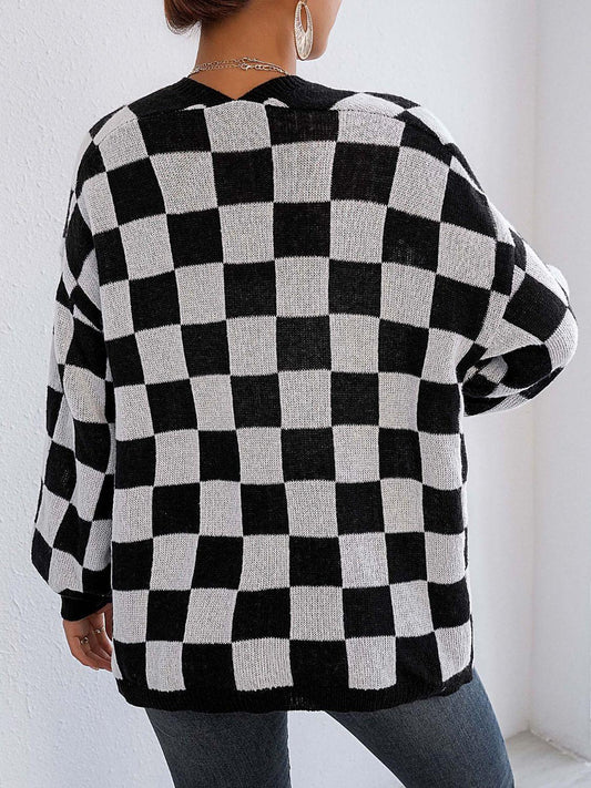 Checkered Open Front Long Sleeve Cardigan Carauana Store