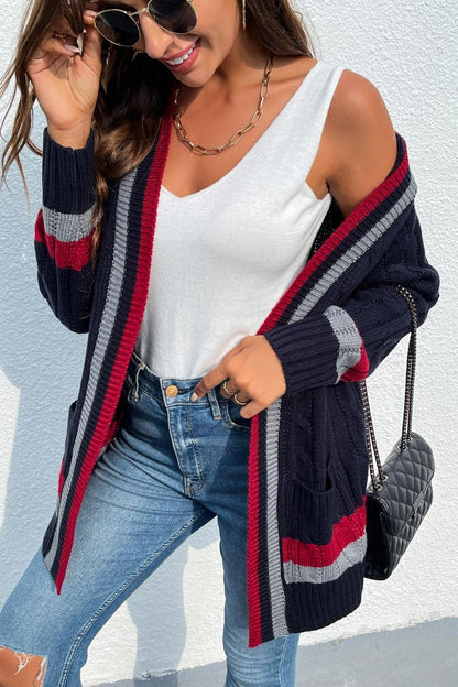 Open Front Striped Long Sleeve Cardigan