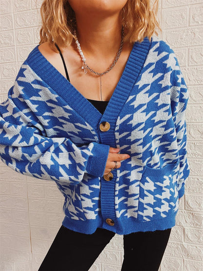 Houndstooth Botton Front Cardigan with Pockets