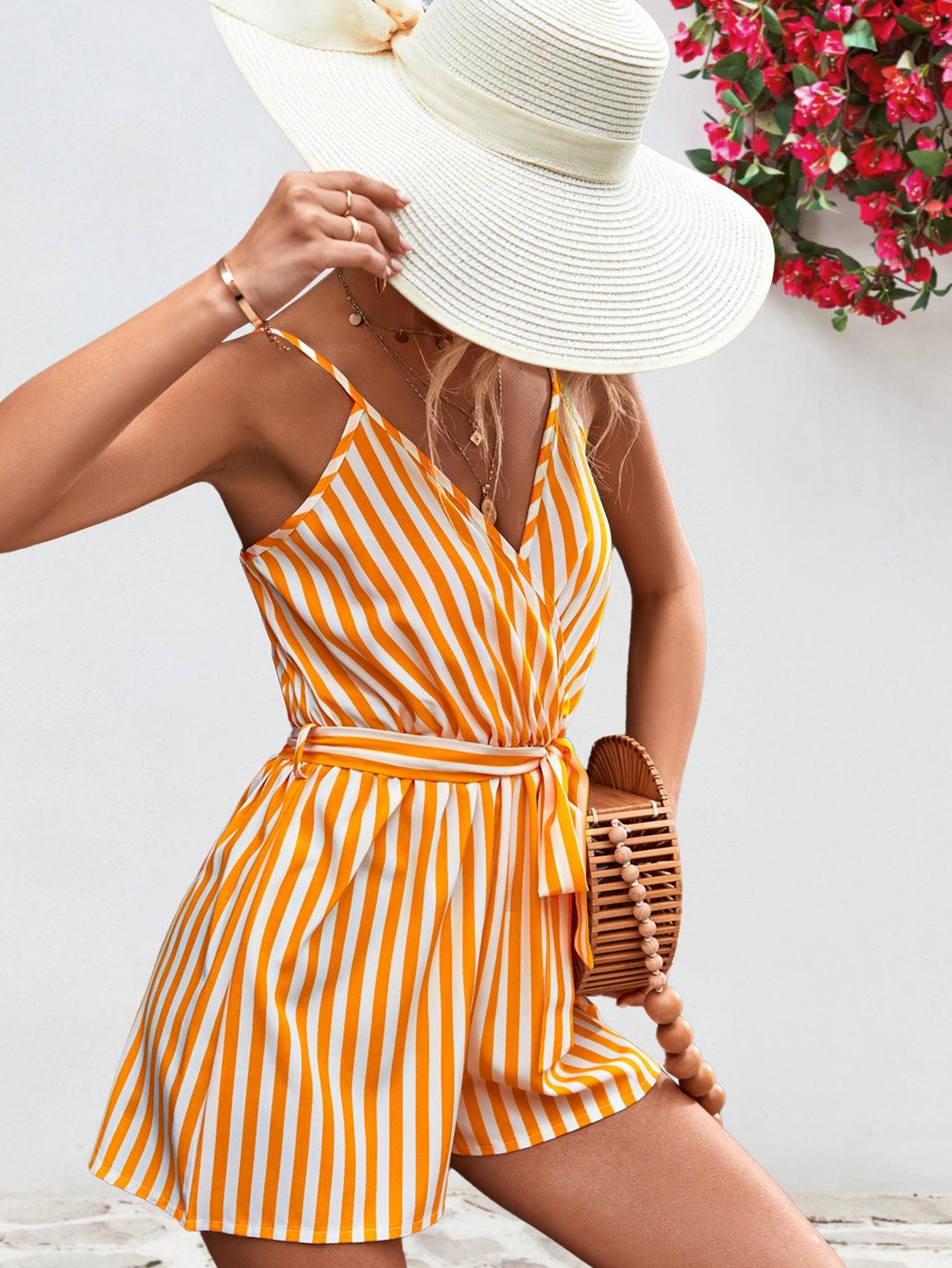 Striped Tie Waist Spaghetti Strap Romper