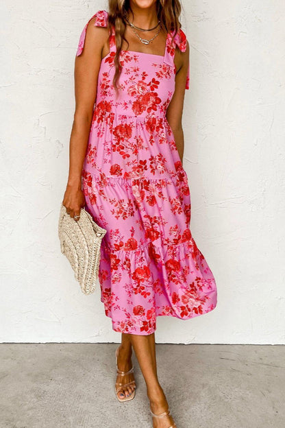 Tied Printed Sleeveless Tiered Dress