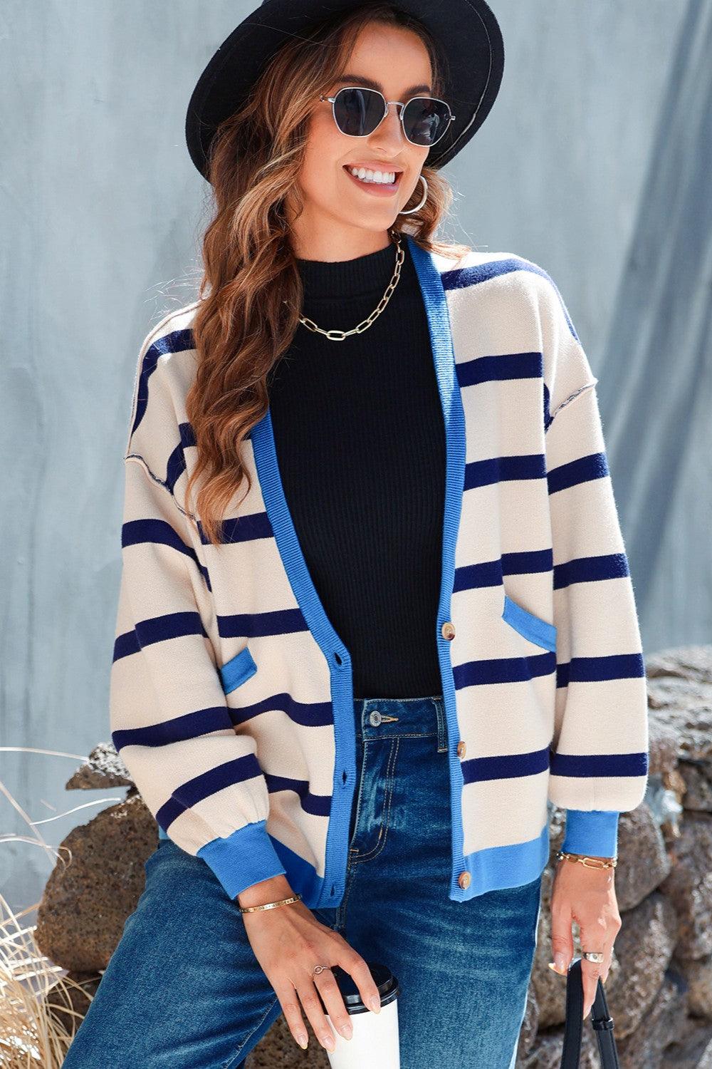 Striped Button Up Long Sleeve Cardigan