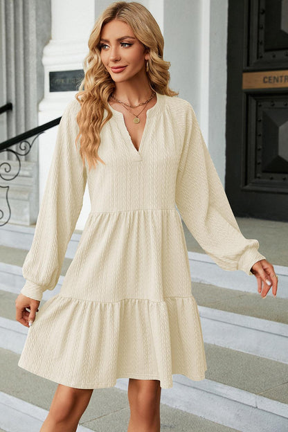 Ruched Notched Long Sleeve Mini Dress