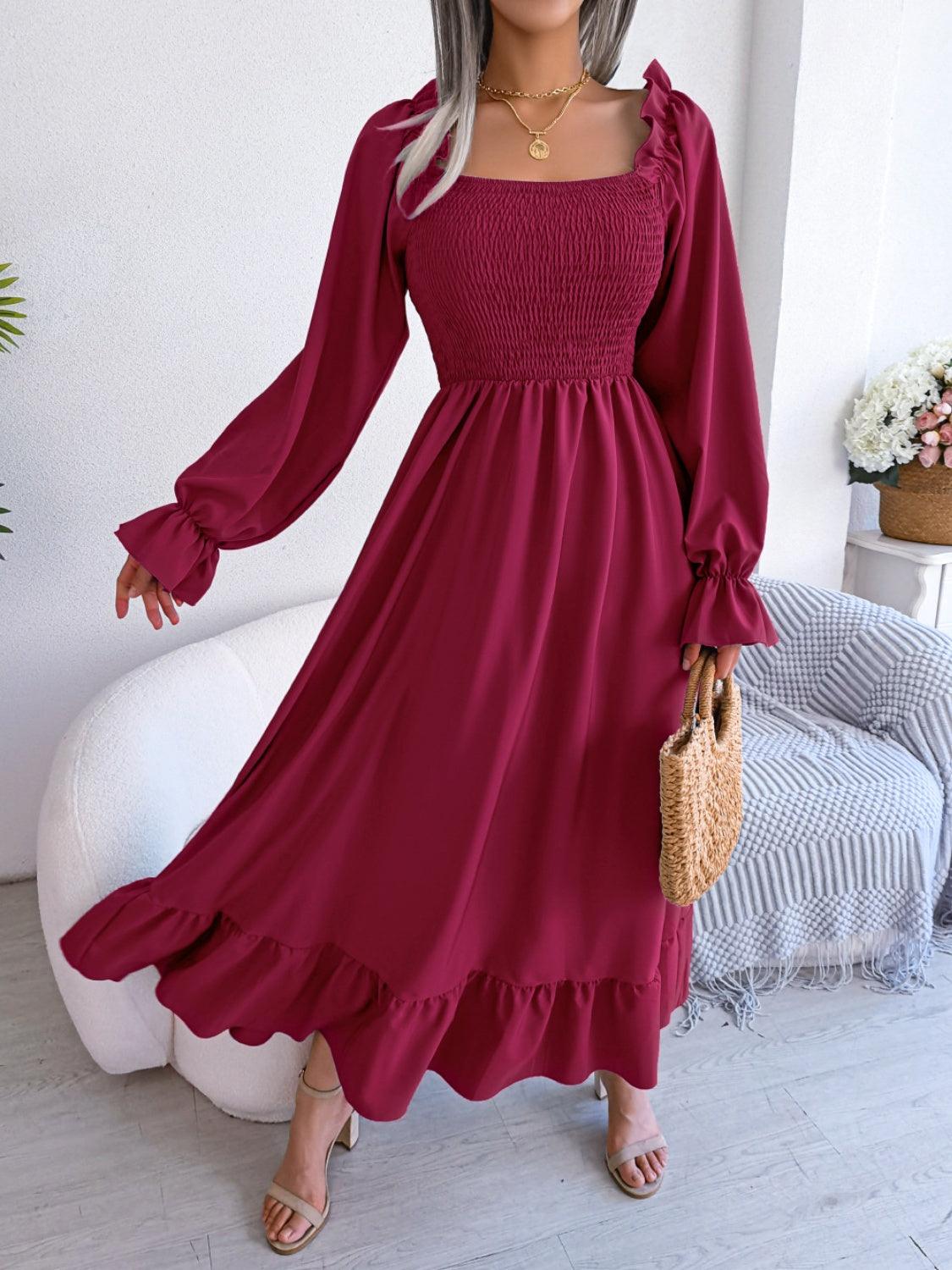 Smocked Square Neck Flounce Sleeve Dress