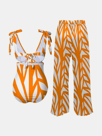 Printed Tie Shoulder Swimwear and Pants Swim Set