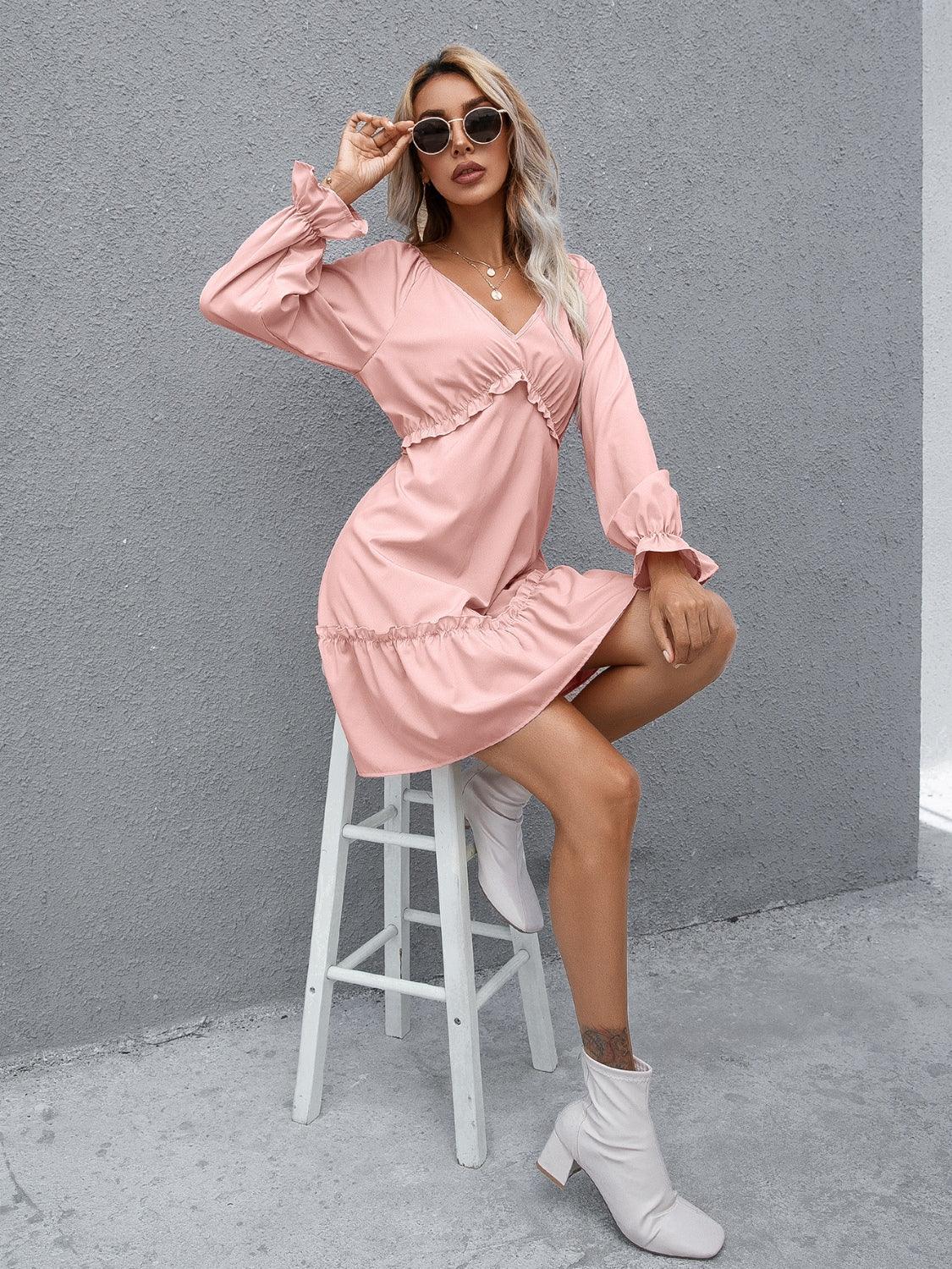 Frill V-Neck Flounce Sleeve Ruffle Hem Dress