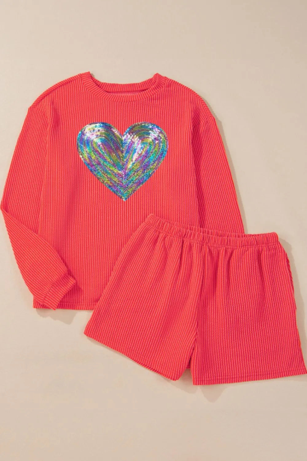 Sequin Heart Round Neck Long Sleeve Top and Shorts Set Carauana Store