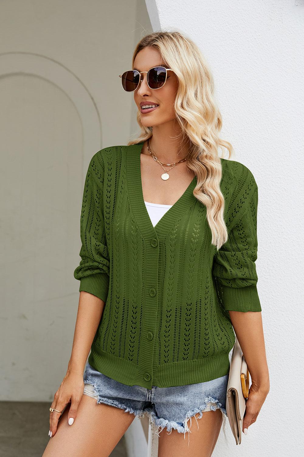 Openwork Button Front V-Neck Cardigan