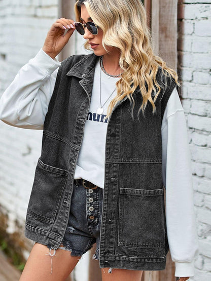 Button Front Sleeveless Denim Jacket