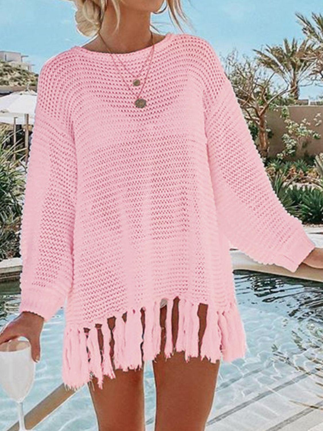 Double Take Openwork Tassel Hem Long Sleeve Knit Cover Up