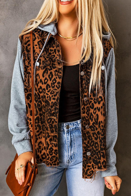 Leopard Distressed Drawstring Hooded Denim Jacket