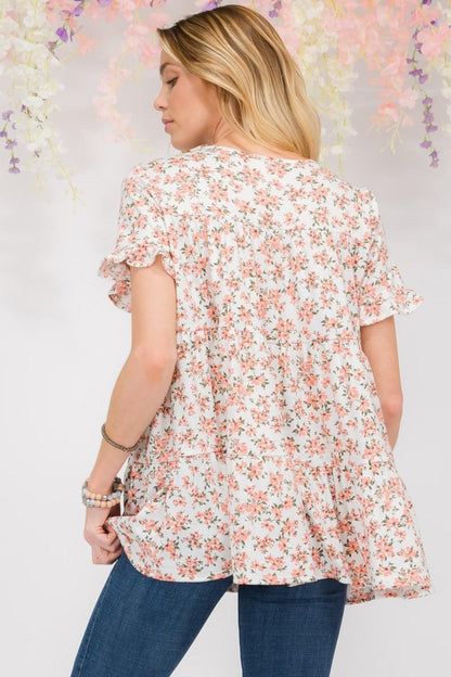 Celeste Full Size Floral Ruffled Short Sleeve Blouse