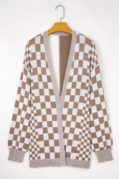 Brown Checkered Bubble Sleeve Drop Shoulder Open Cardigan