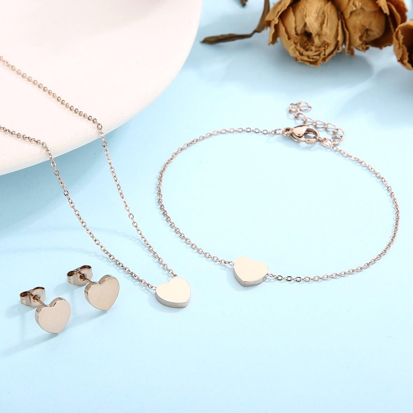 Heart Necklace, Bracelet and Stud Earrings Jewelry Set