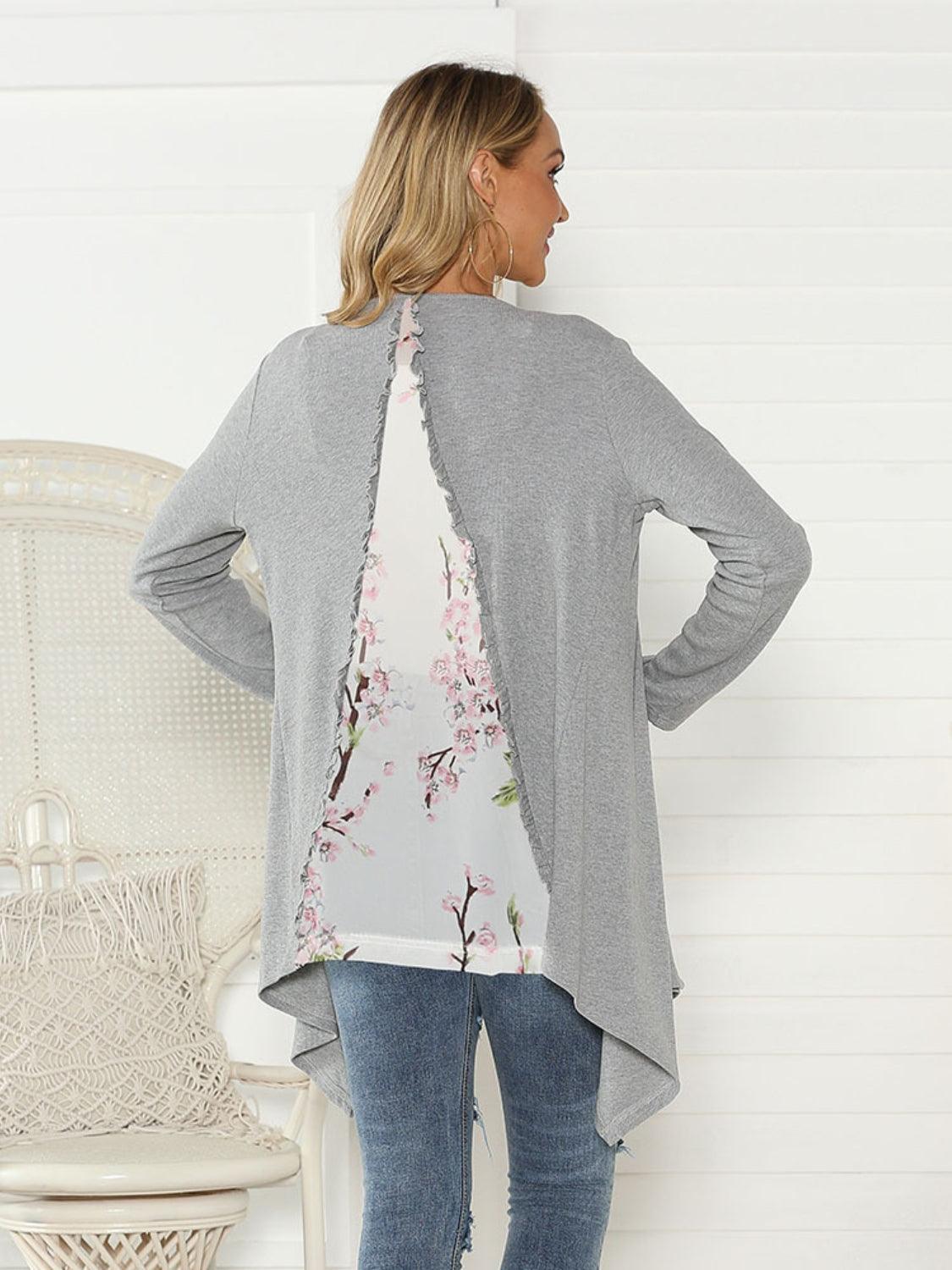 Shiny Floral Open Front Long Sleeve Cardigan