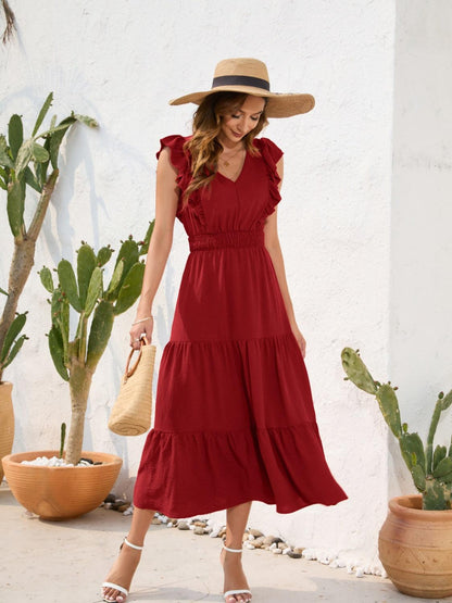 Tiered Ruffled V-Neck Cap Sleeve Dress