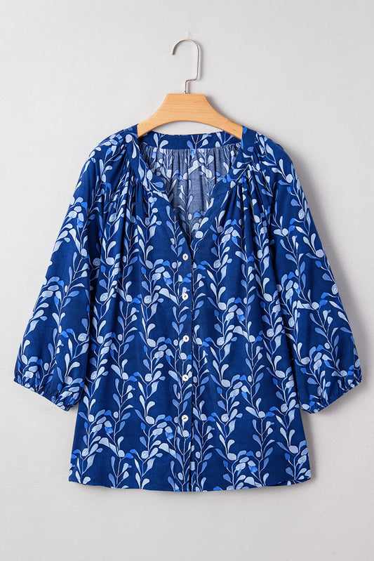Blue Botanical Print Bracelet Sleeve Notched Neck Blouse