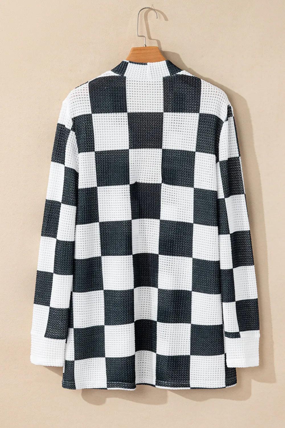 Checkered Open Front Long Sleeve Cover Up