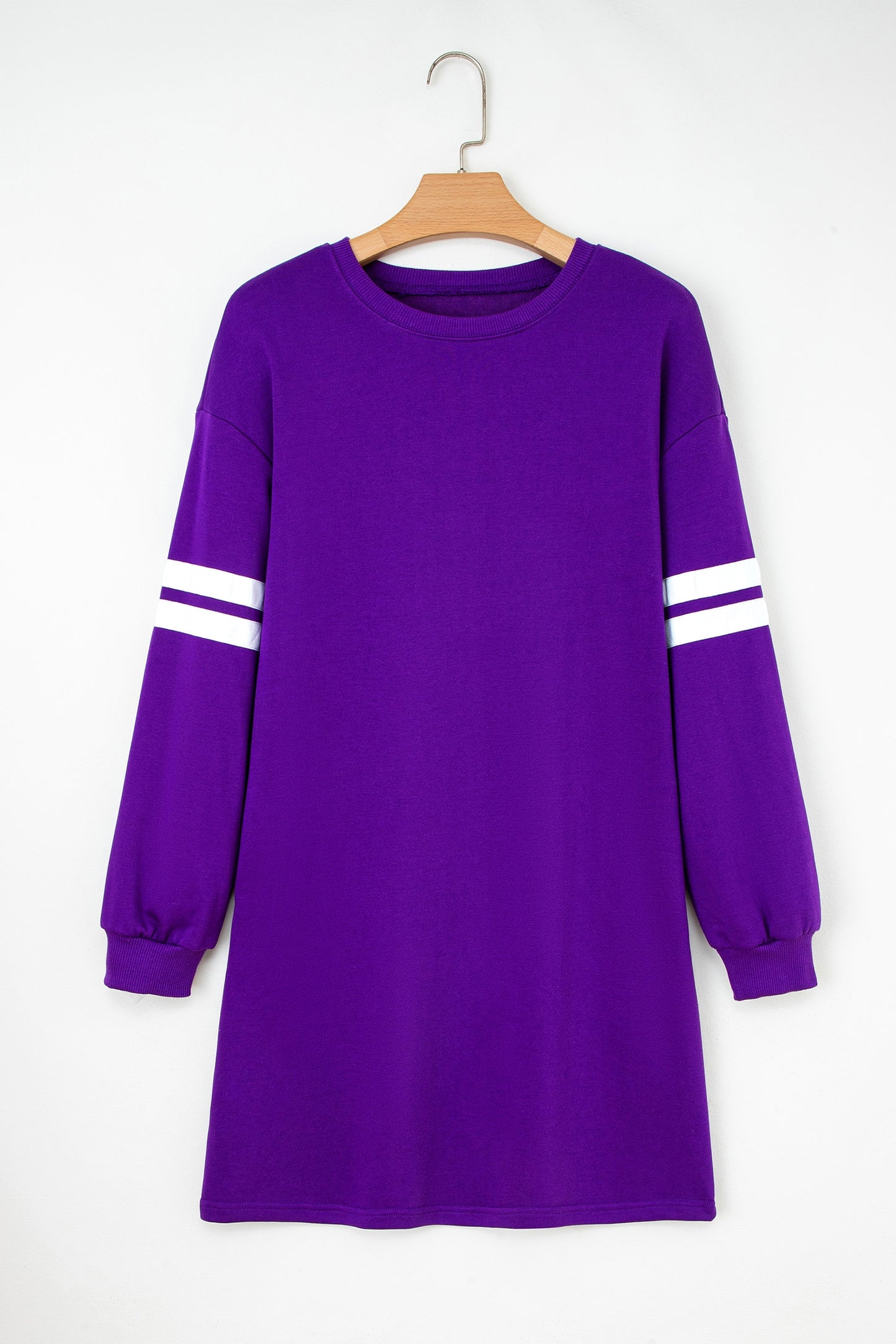 Tillandsia Purple Varsity Contrast Banded Sleeve Shift Sweatshirt Dress