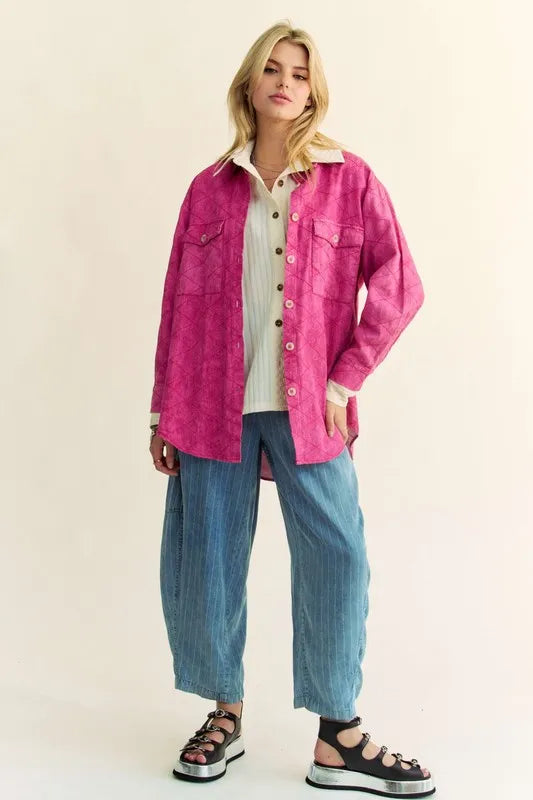 Davi & Dani Curved Hem Diamond Quilted Button Up Denim Shacket Carauana Store