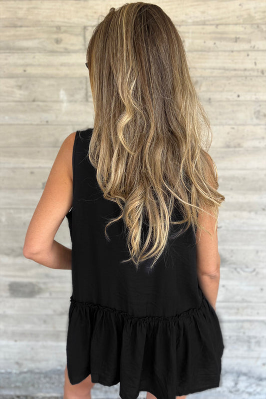 Black Sleeveless Buttoned Front Ruffle Hem Tunic Shirt