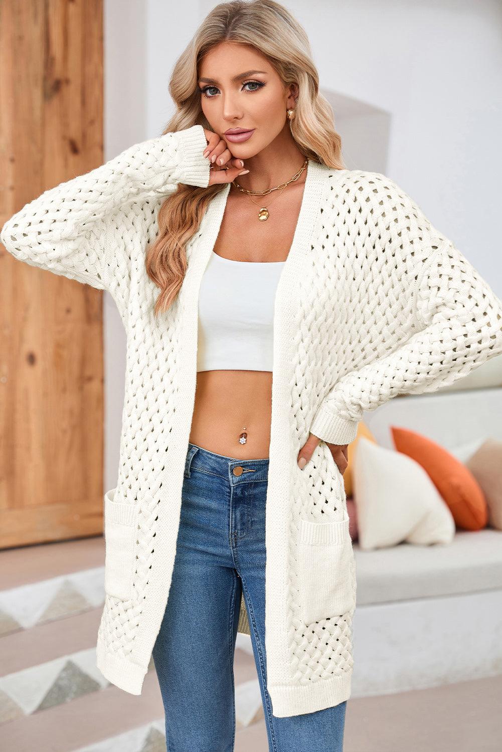 Open Front Dropped Shoulder Cardigan with Pockets