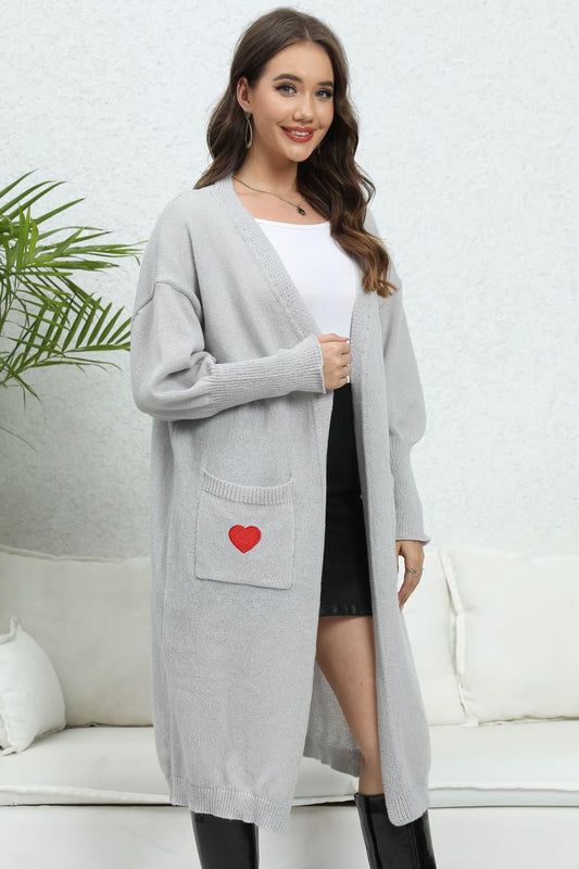 Lantern Sleeve Open Front Pocketed Cardigan Carauana Store