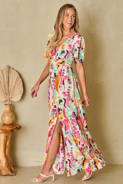 Slit Printed Surplice Short Sleeve Maxi Dress