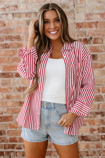 Red Stripe Patched Pocket Side Slit Loose Shirt