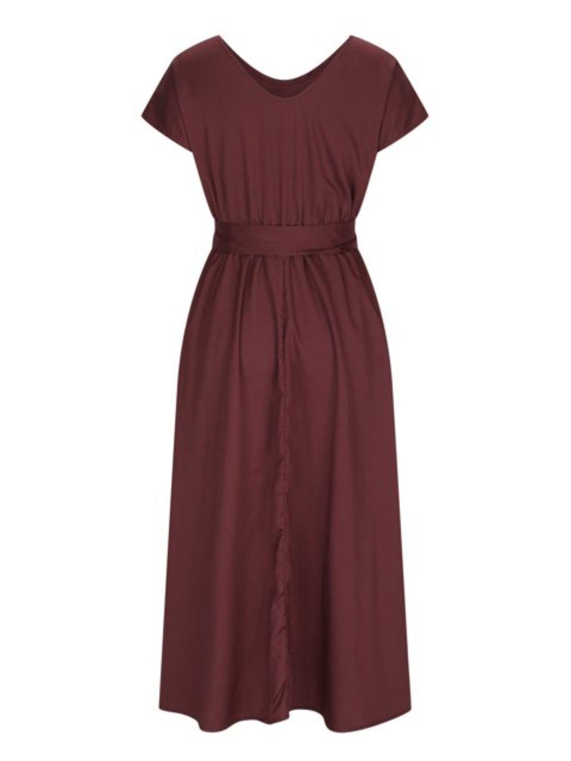 Ruched V-Neck Cap Sleeve Dress