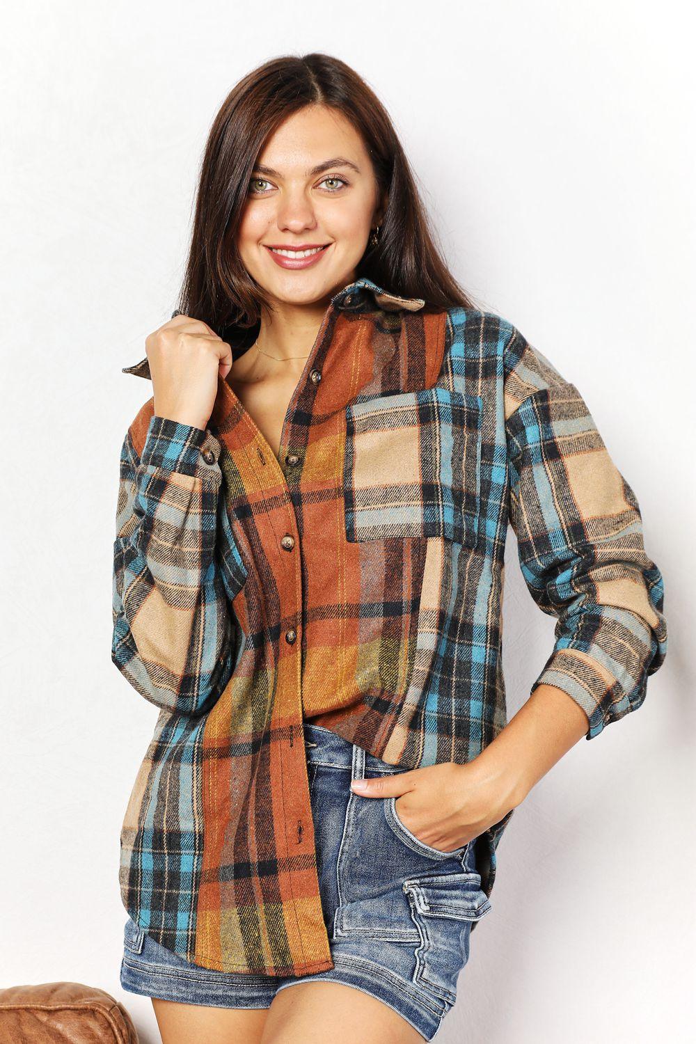 Double Take Plaid Curved Hem Shirt Jacket with Breast Pockets Carauana Store