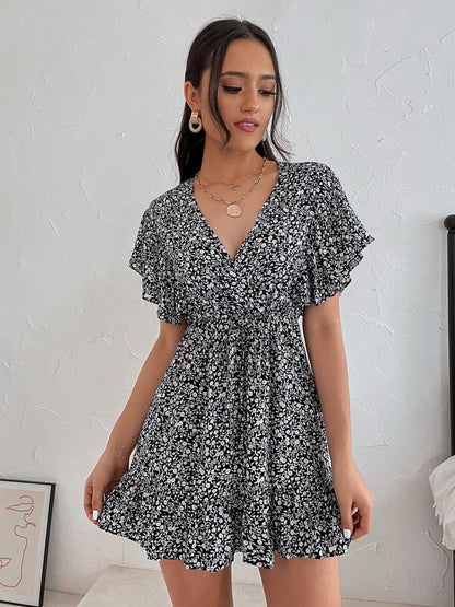 Cutout Ditsy Floral Surplice Flounce Sleeve Dress