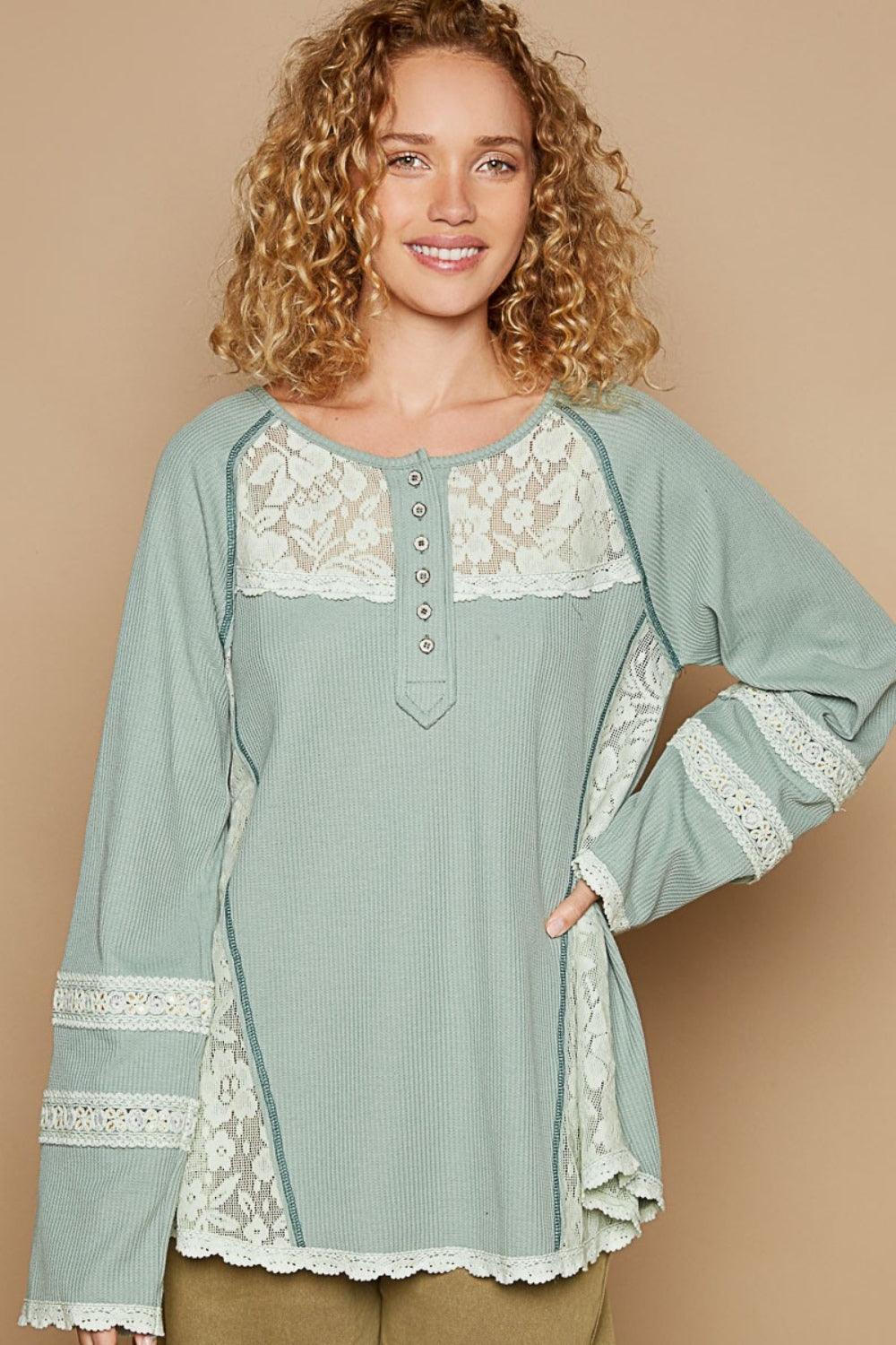 POL Round Neck Long Sleeve Lace Trim Thermal Top