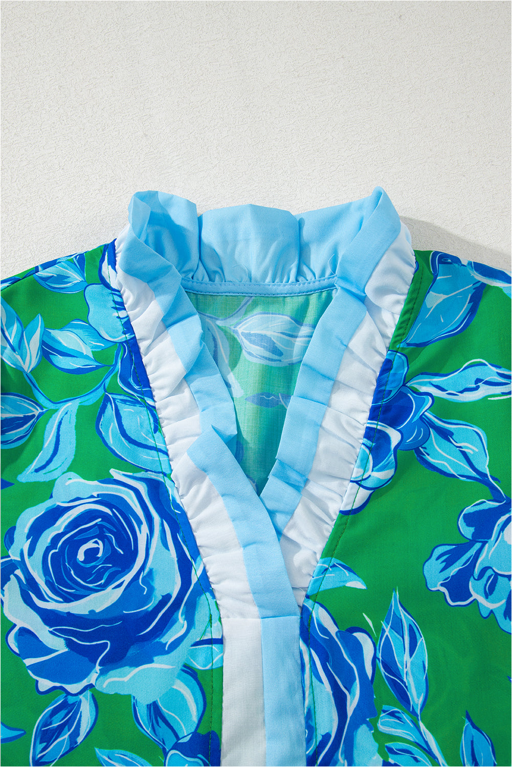 Bright Green Floral Frilled V Neck Short Sleeve Blouse Top