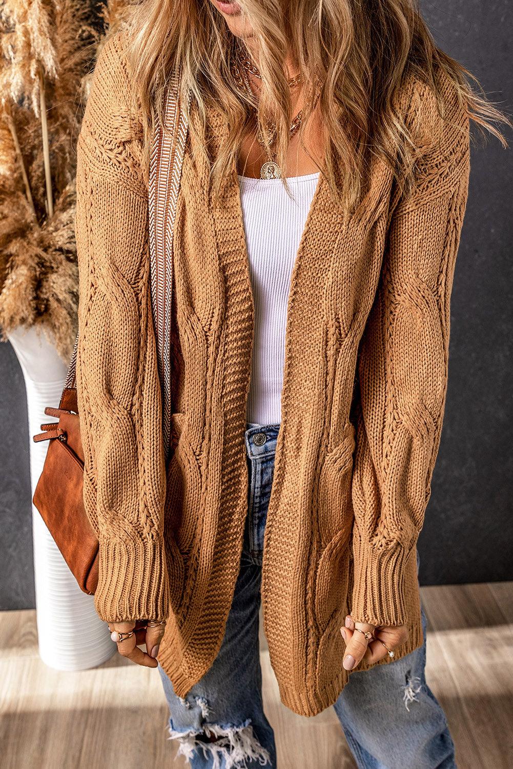 Cable-Knit Dropped Shoulder Slit Cardigan