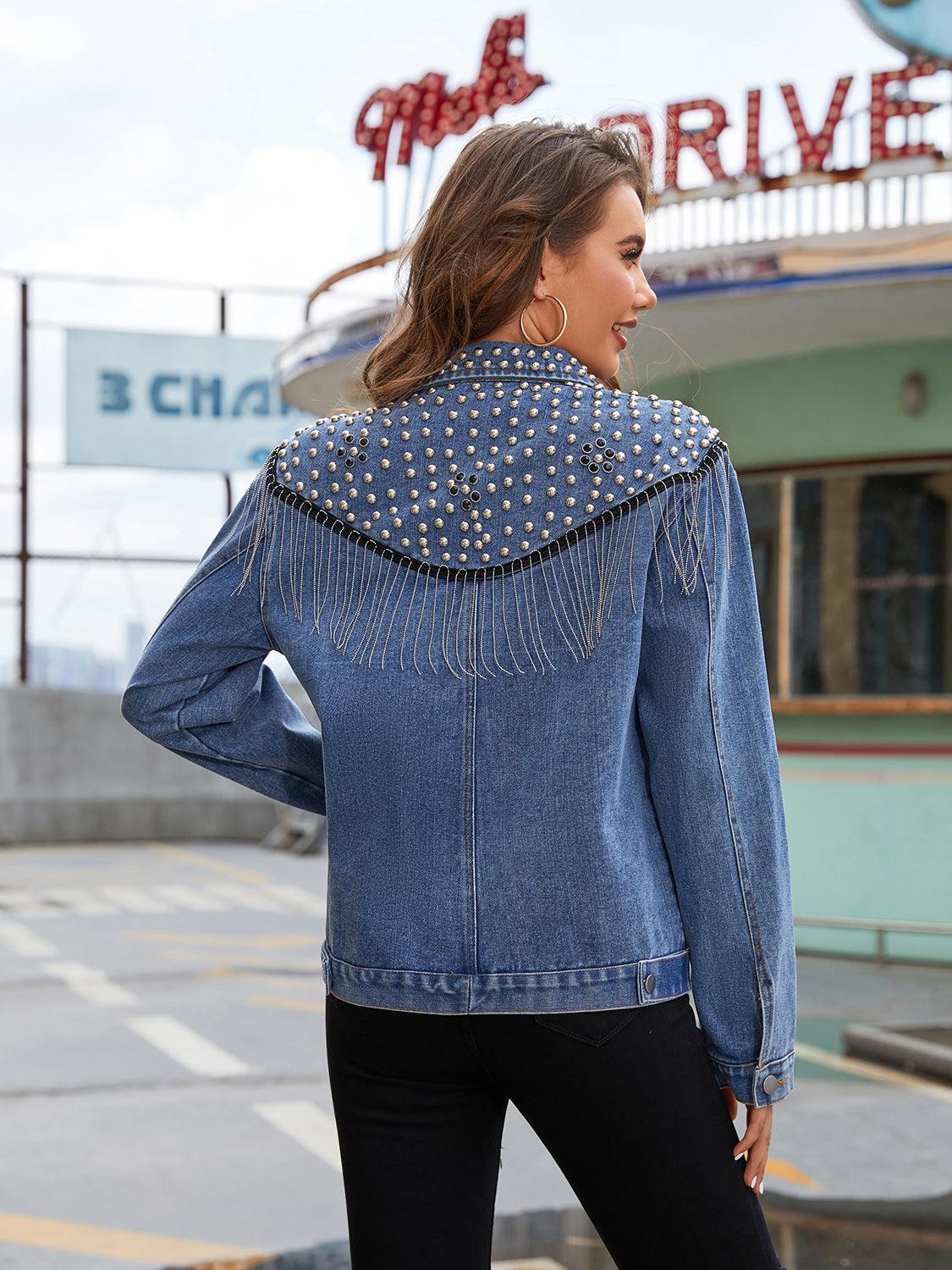 Studded Fringe Button Down Denim Jacket