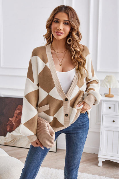 Geometric Lantern Sleeve Cardigan with Pockets