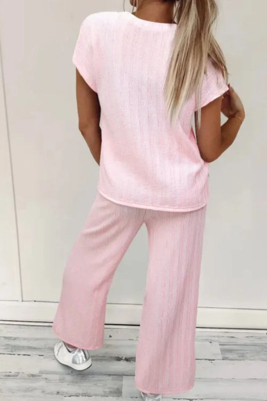 Textured Short Sleeve Top and Pocketed Wide Leg Pants Carauana Store