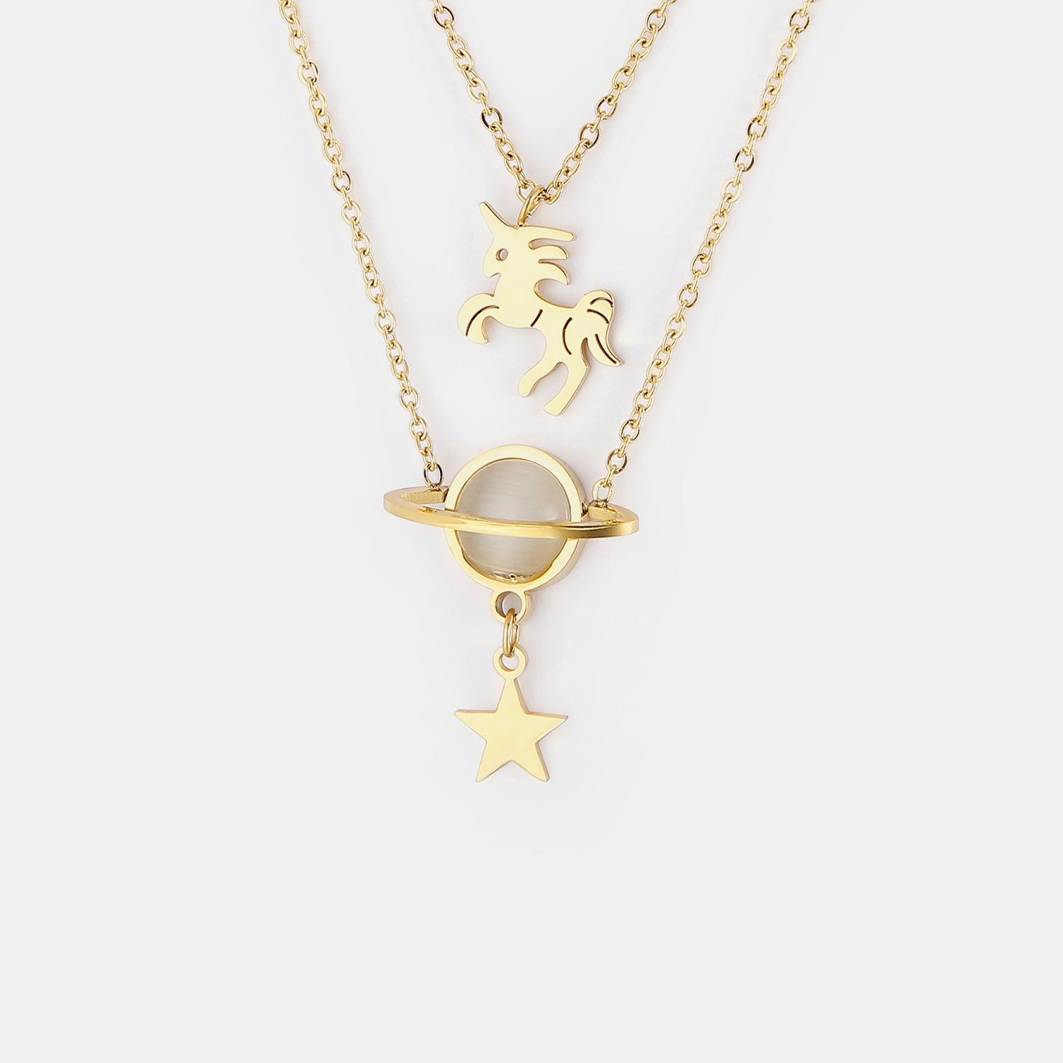 Unicorn and Star Shape Double-Layered Pendant Necklace