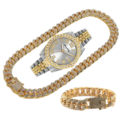 Gold and silver watch with diamond-studded chain